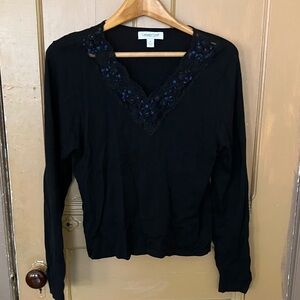 Coldwater Creek Black Blouse with Blue Floral Accents